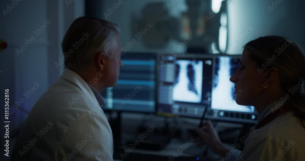 Aufkleber Radiologists Analyze Chest X-rays in a Medical Monitoring Room, Examining Digital Scans on a Computer Screen. Male Specialist Having a Conversation with a Female Colleague, Focusing on Scans