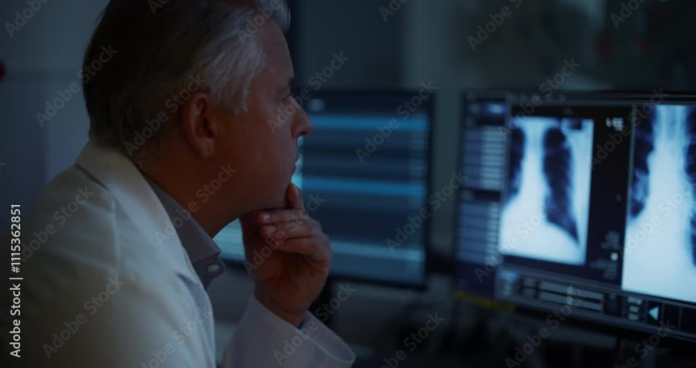 Aufkleber Professional Radiologist Studies Patient X-rays in an Advanced Software on a Computer Display in a Darkened Room. Medical Specialist Making an Assessment of a Critical Medical Data