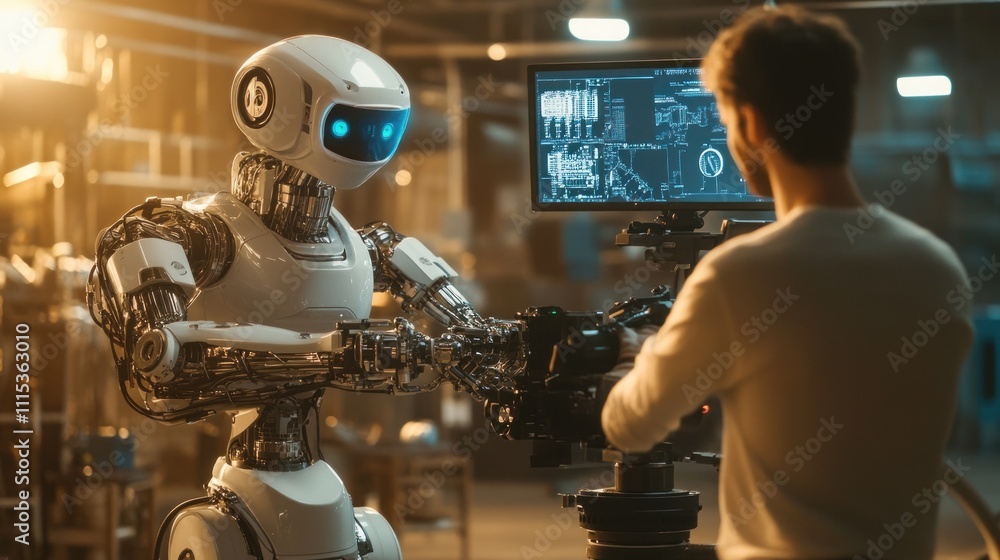 Poster engineer testing advanced humanoid robot in industrial setting.