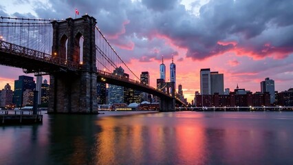 Fototapeta premium Dumbo Sunset Panorama East River Long Exposure AI Art, NYC Skyline, Atmospheric Photography