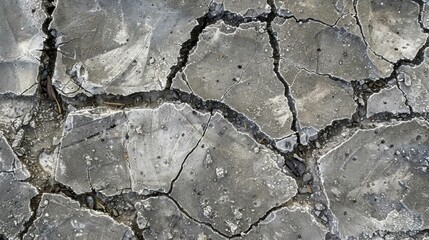 Obraz premium Cracked ground surface showcasing signs of drought and environmental stress.