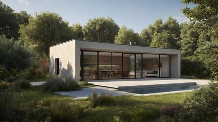 Fototapeta premium AI-generated luxury hotel-style modern house featuring French-inspired country interiors, blending minimalist architecture, natural materials, and striking outdoor settings for dynamic, market-ready s