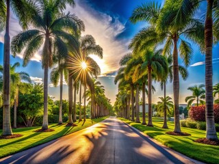 Fototapeta premium Gated Community Road, South Florida Palms, Sun Rays, AI Photo