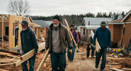 A community coming together to rebuild homes after a natural disaster