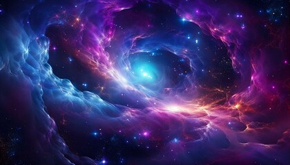 Obraz premium A vivid nebula swirl with deep purples, blues, and glowing stars, set against the blackness of space