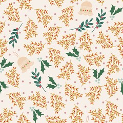 Seamless Pattern Ditsy Floral Holiday Christmas Bell Decoration Beige Cream Background