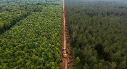 A lush forest divided by a line of deforestation, with machines on one side and untouched trees on the other