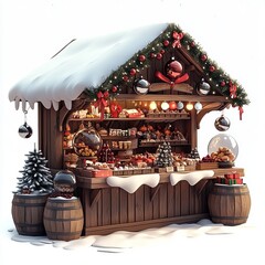 3D Render of a Christmas market stall with snow globes, on isolated white background