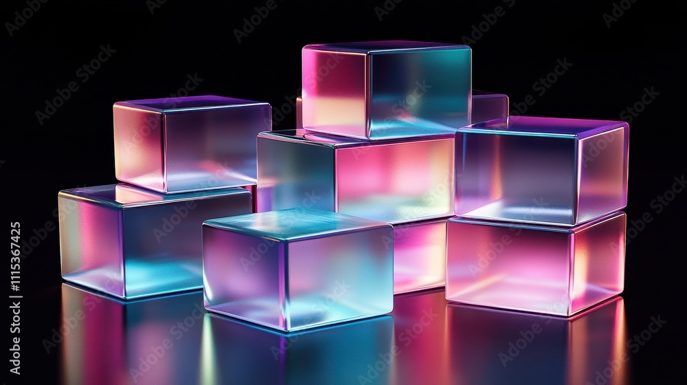 Poster captivating 3d render of stacked translucent geometric blocks with vibrant colors