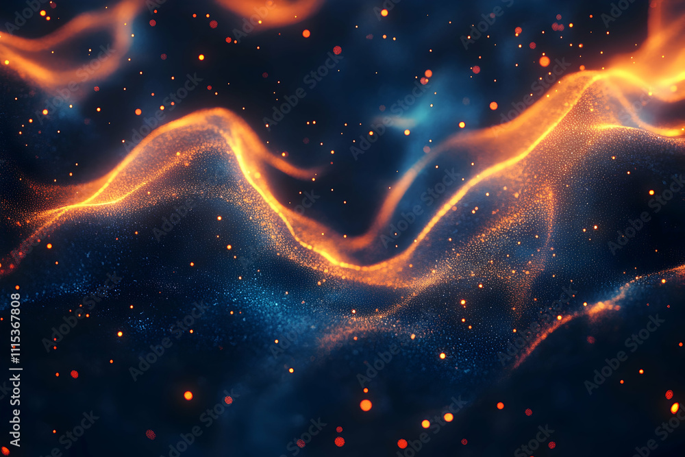 Poster abstract 3d background: glowing particle waves