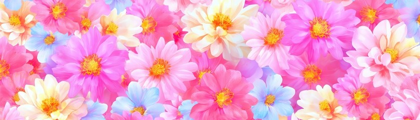 Fototapeta premium Vibrant Seamless Pattern of Chrysanthemum Blooms in Soft Pink and Blue Shades for Background Designs