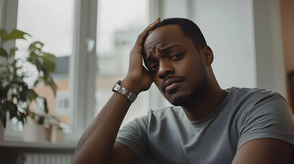 Obraz premium Man in grey shirt sitting indoors, hands clasped in gesture of worry