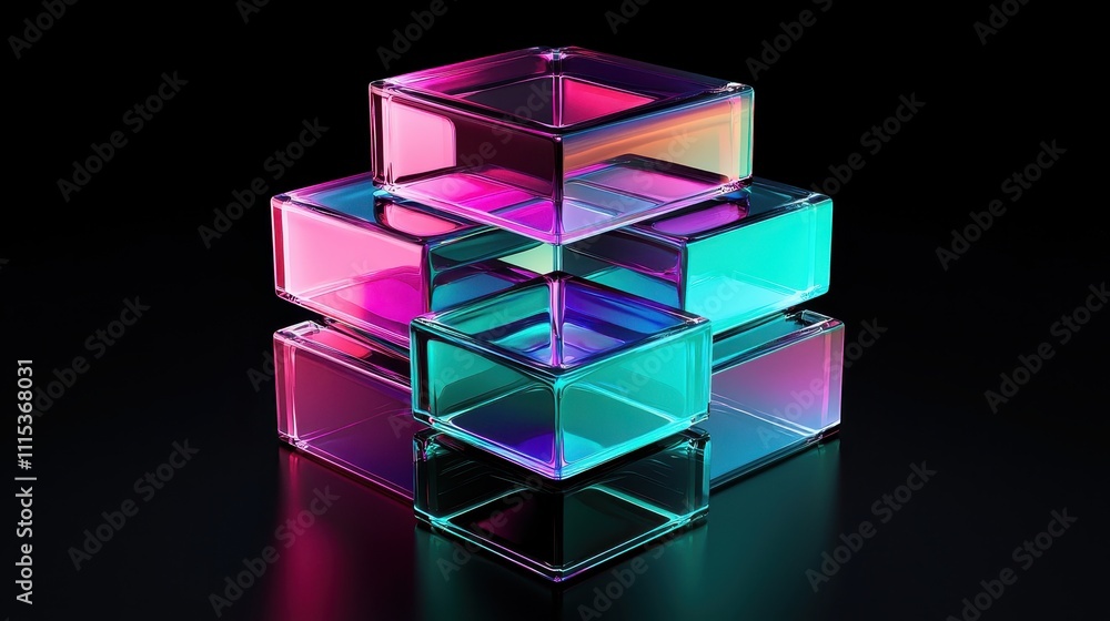Poster stacked translucent geometric shapes in 3d render with captivating neon lighting effects