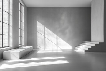 Fototapeta premium Minimalist Modern Room Design With Stairs And Windows