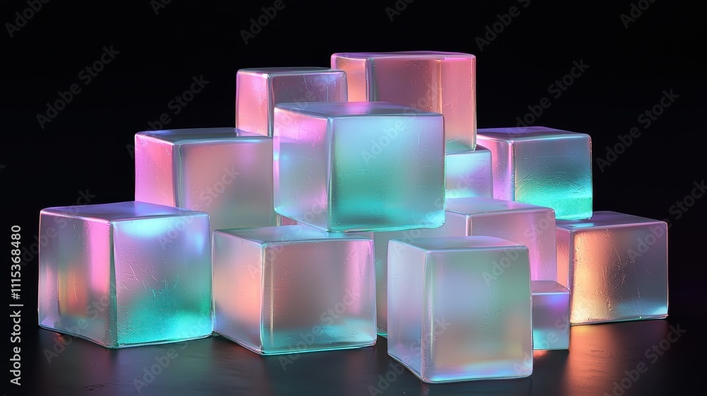 Poster captivating 3d render of stacked translucent geometric cubes with colorful lighting effects