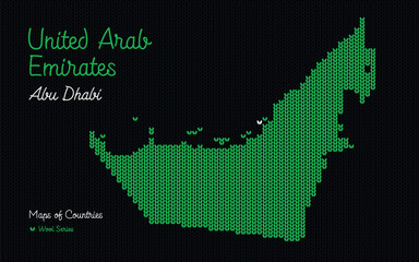 Obraz premium The map of United Arab Emirates with the capital Abu Dhabi is depicted in a knitted pattern. Woolen ornament 