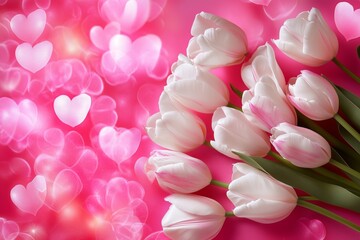 Obraz premium Pink background with tulips, creating an elegant and romantic atmosphere for Valentine's Day, Easter, Birthday, Happy Women's Day, Mother's Day. Flat lay, top view