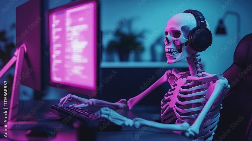 Poster a skeleton wearing headphones sits at a computer, coding in a colorful, modern workspace.