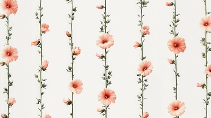 Vibrant Hollyhocks Seamless Pattern with Tall Spires Against a Light Background