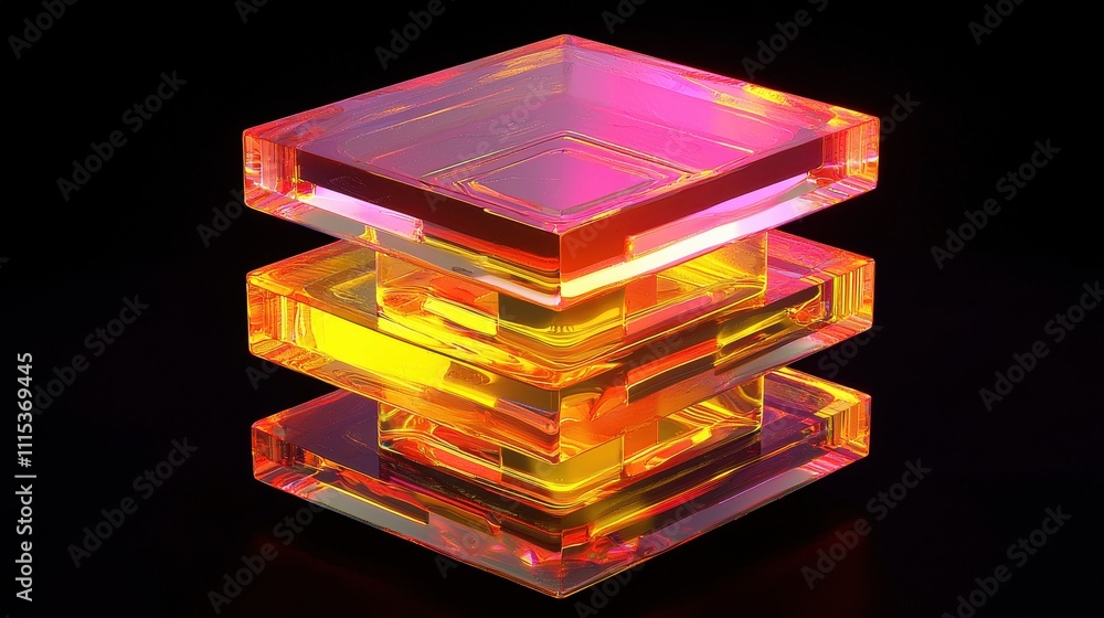 Poster stacked translucent geometric shapes with captivating 3d render and vibrant colors