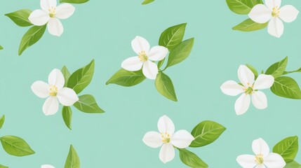 Seamless Pattern of Small White Jasmine Flowers with Green Leaves on a Soft Blue Background