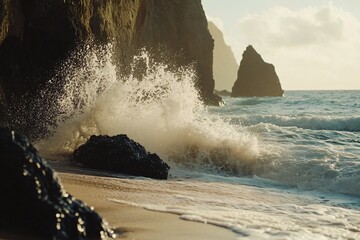 Waves crashing against rocky shore at sunset near ocean cliffs