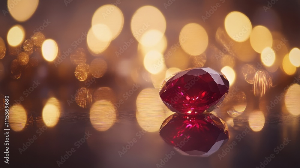 Poster sparkling red gemstone on reflective surface with bokeh lights.