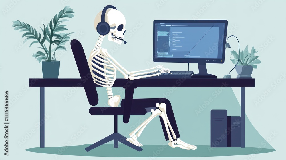 Poster a skeleton working at a computer desk with headphones, illustrating a humorous take on remote work.