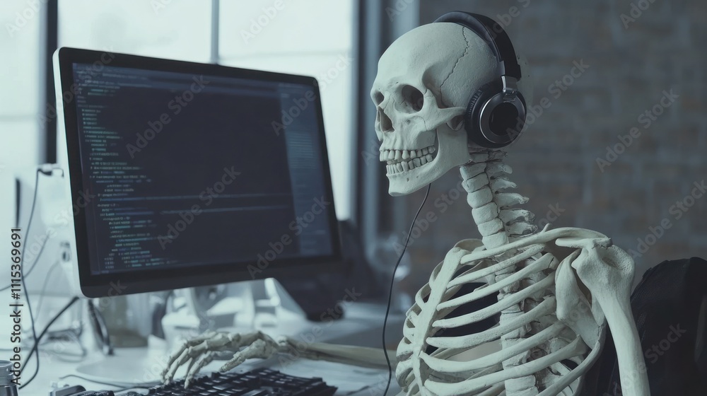 Poster a skeleton wearing headphones sits at a computer, engaging with coding on the screen.