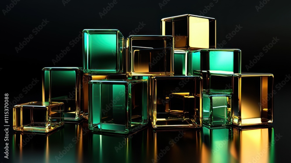 Poster captivating 3d render of stacked translucent geometric blocks in green and gold tones