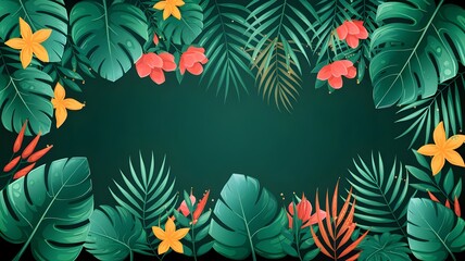 Fototapeta premium Dewy Leaves and Vibrant Flowers on Emerald Background