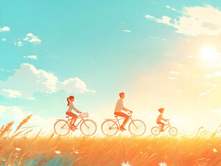Fototapeta premium Family Bike Ride Vector Illustration Glossy Blue Sky Background Outdoor Activity