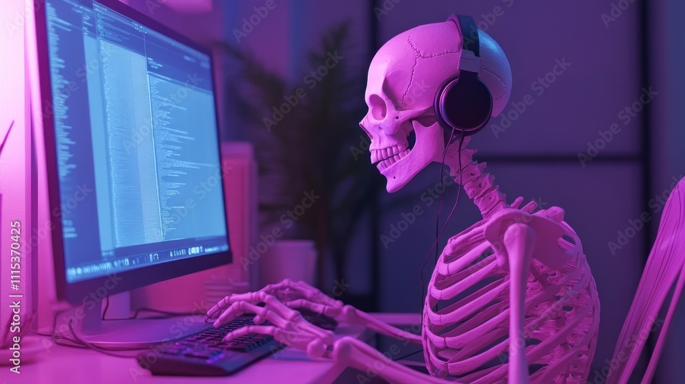 Poster a skeleton wearing headphones types on a computer, creating a humorous tech-themed scene.