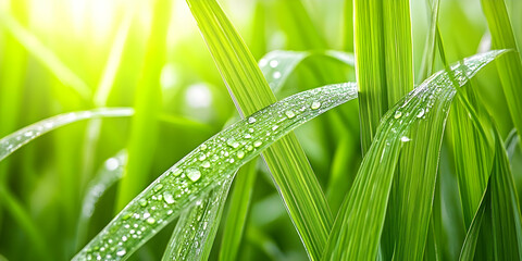 Obraz premium Dewdrops on Lush Green Grass Blades Photo