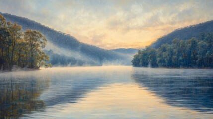 Fototapeta premium Serene Foggy Morning on a Tranquil River Surrounded by Lush Trees