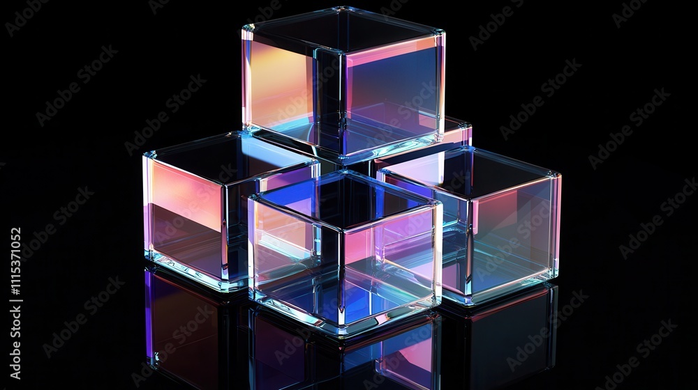 Poster Captivating 3D Render of Stacked Translucent Geometric Cubes with Colorful Reflections