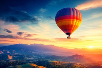 Fototapeta premium Colorful Hot Air Balloon Soaring Above Majestic Mountain Landscape