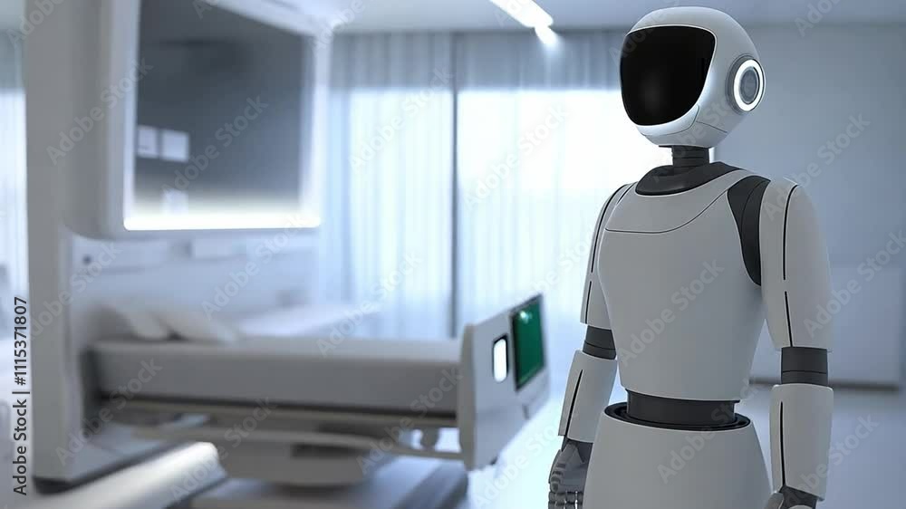 Poster futuristic robotic assistant in a modern healthcare setting with advanced technology visible