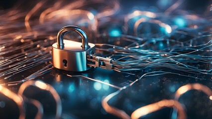 A padlock surrounded by glowing wires, symbolizing cybersecurity and data protection.