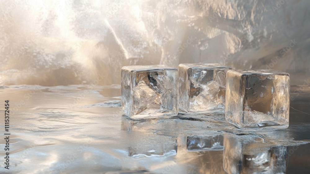 Poster three ice cubes resting on a reflective surface with a soft, blurred background.