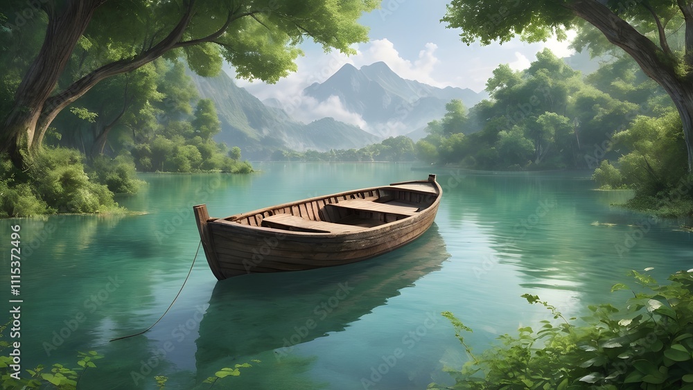 Poster boat on the lake in a beautiful forest. 3d rendering generated by ai