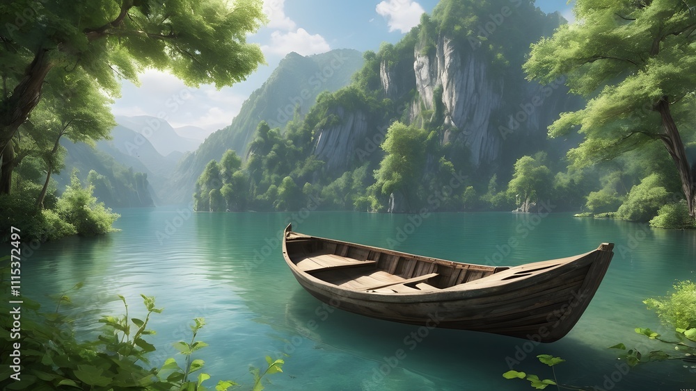Poster boat on the lake in a beautiful forest. 3d rendering generated by ai