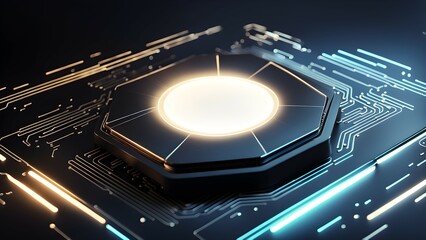 A futuristic hexagonal circuit board design with glowing elements.