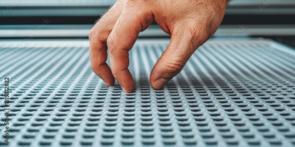 Poster furnace filter and maintenance concept. hand reaching out over a textured surface with circular patt
