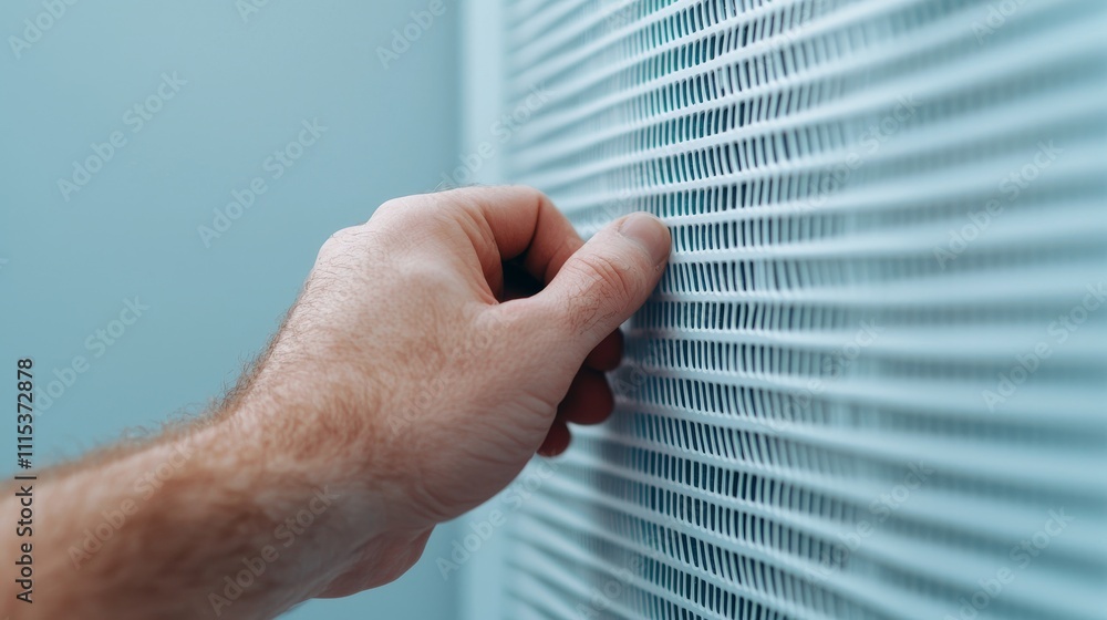 Poster furnace filter and maintenance concept. hand touching a mesh surface in a modern setting.