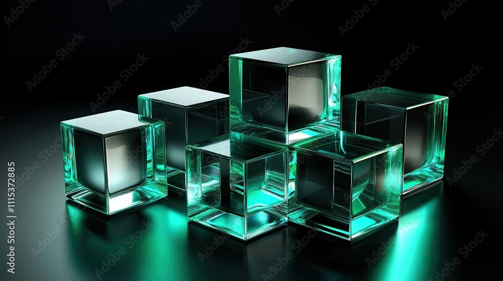 Poster captivating 3d render of stacked translucent geometric cubes with soft lighting effects