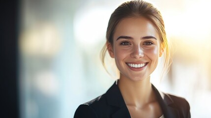 Naklejka premium Young female entrepreneur standing smiling looking at camera in office