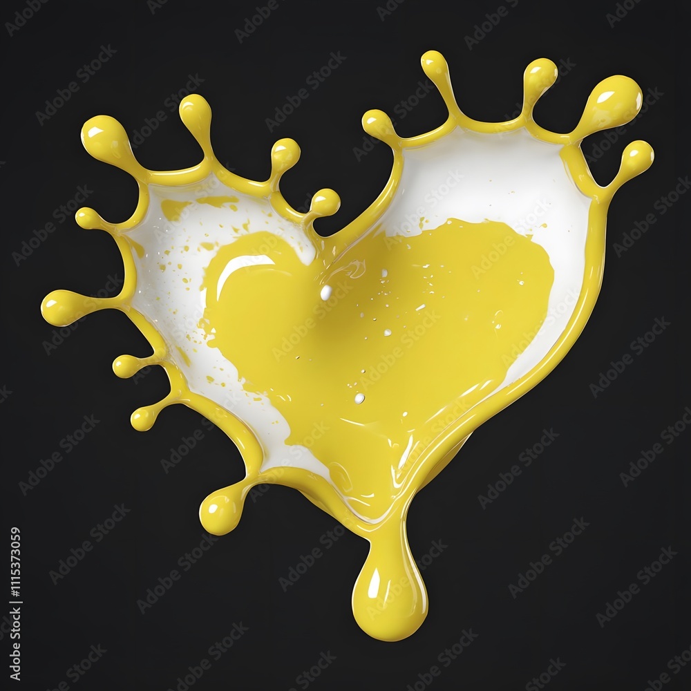 Poster yellow paint splash with heart isolated on black background. 3d rendering generated by ai