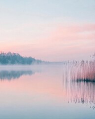 Obraz premium Serene lake at dawn, reflecting pastel colors and misty surroundings.