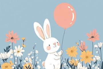 Obraz premium Cute Bunny with Balloon Surrounded by Colorful Flowers in Spring
